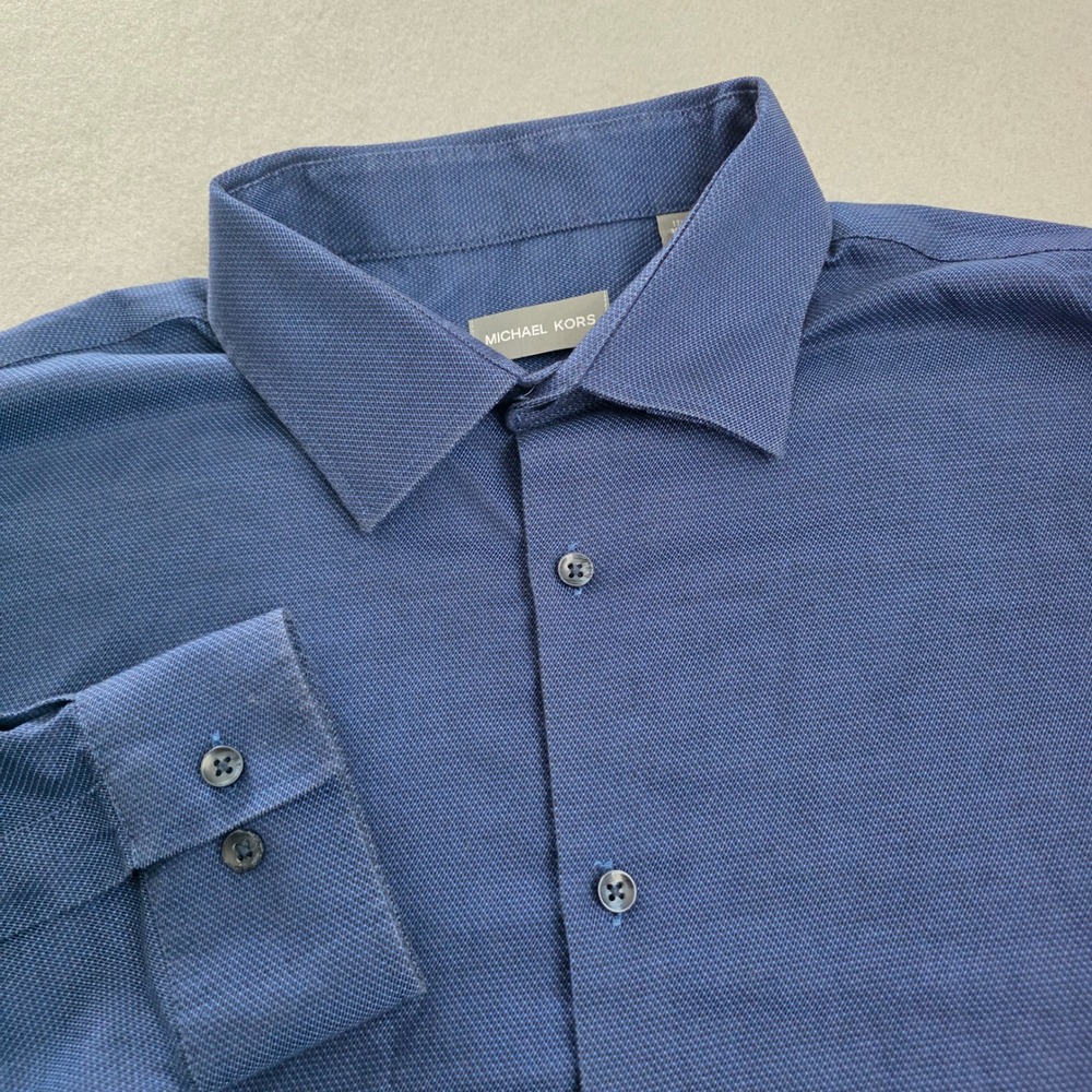 Michael Kors Mens Navy Blue Airsoft Stretch Regular Fit Dress Shirt 17.5 36/37